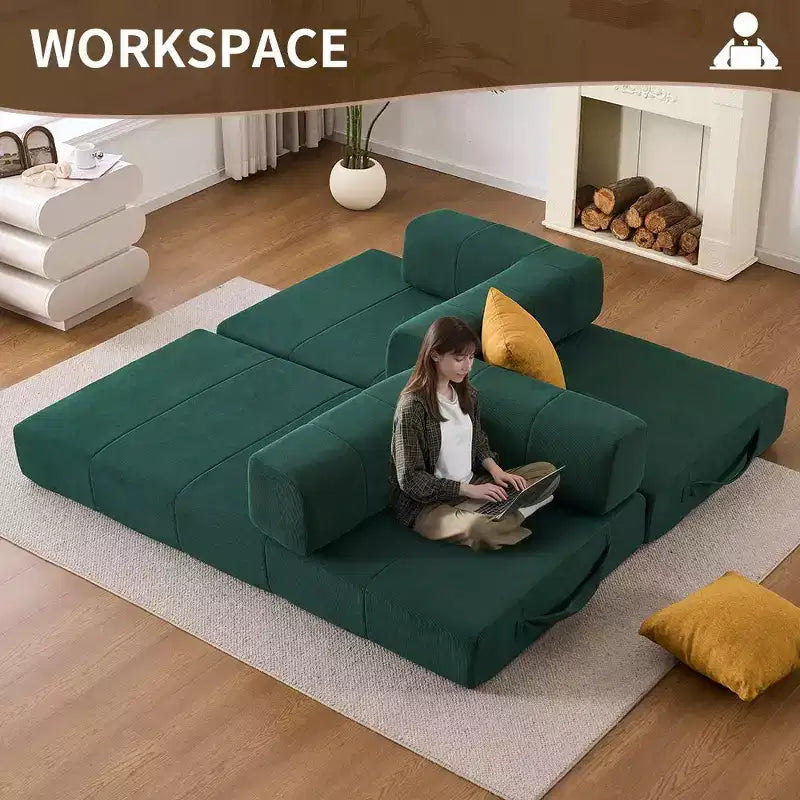 Divano Letto Convertibile 4-in-1, Divano da Terra in Velluto a Coste con 2 Cuscini e Braccioli in Metallo, Letto per Ospiti in Schiuma ad Alta Densità, Verde