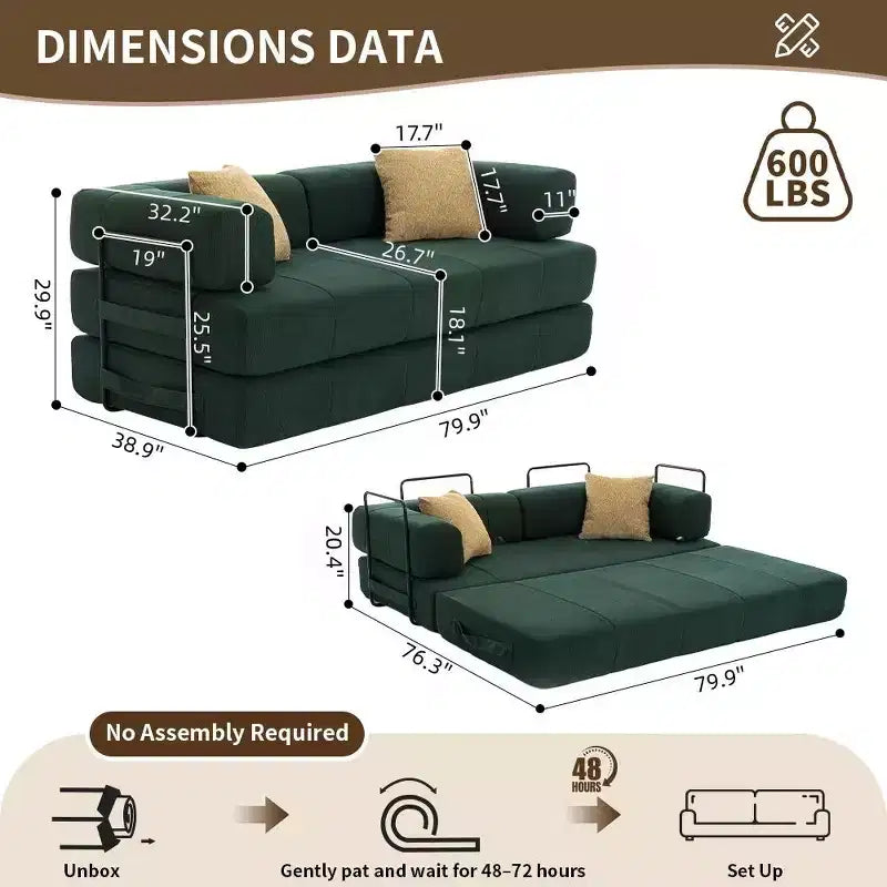 Divano Letto Convertibile 4-in-1, Divano da Terra in Velluto a Coste con 2 Cuscini e Braccioli in Metallo, Letto per Ospiti in Schiuma ad Alta Densità, Verde