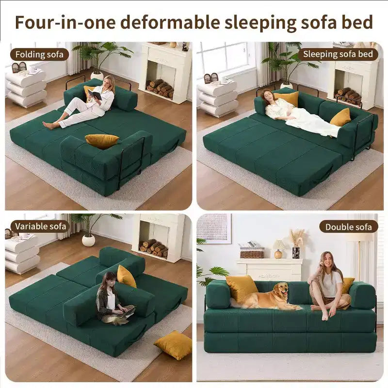 Divano Letto Convertibile 4-in-1, Divano da Terra in Velluto a Coste con 2 Cuscini e Braccioli in Metallo, Letto per Ospiti in Schiuma ad Alta Densità, Verde