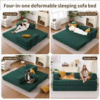 Divano Letto Convertibile 4-in-1, Divano da Terra in Velluto a Coste con 2 Cuscini e Braccioli in Metallo, Letto per Ospiti in Schiuma ad Alta Densità, Verde
