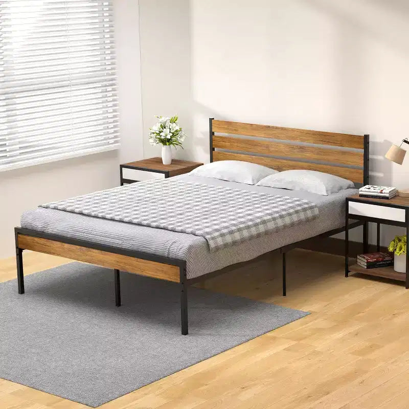 Struttura Letto a Piattaforma in Metallo in Stile Rustico/Country C Testiera e Pediera in Legno C Spazio Contenitore Sotto il Letto C Doghe in Legno Resistenti C Silenzioso