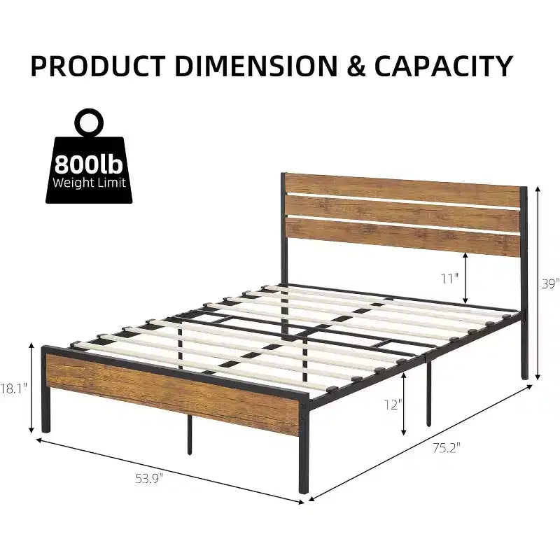 Struttura Letto a Piattaforma in Metallo in Stile Rustico/Country C Testiera e Pediera in Legno C Spazio Contenitore Sotto il Letto C Doghe in Legno Resistenti C Silenzioso