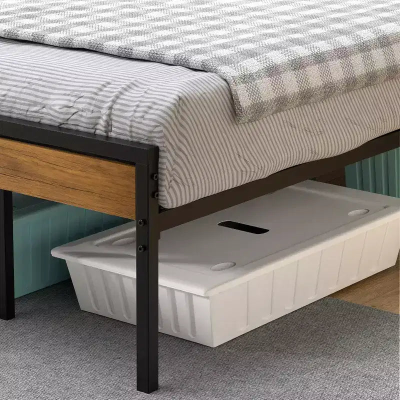 Struttura Letto a Piattaforma in Metallo in Stile Rustico/Country C Testiera e Pediera in Legno C Spazio Contenitore Sotto il Letto C Doghe in Legno Resistenti C Silenzioso