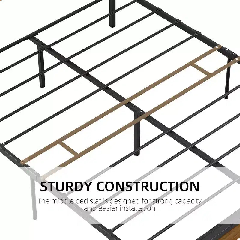 Struttura Letto a Piattaforma in Metallo in Stile Rustico/Country C Testiera e Pediera in Legno C Spazio Contenitore Sotto il Letto C Doghe in Legno Resistenti C Silenzioso