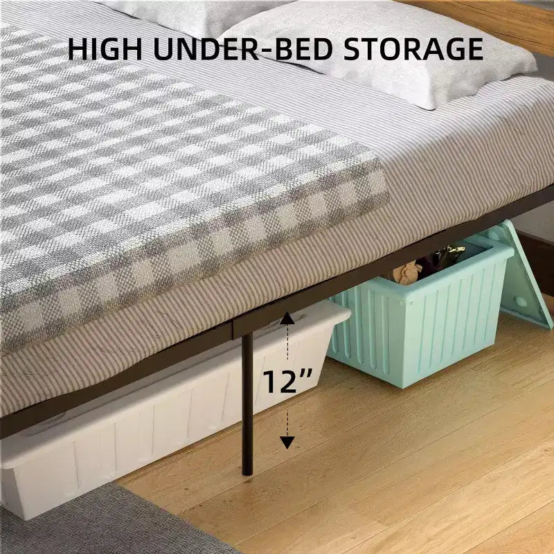 Struttura Letto a Piattaforma in Metallo in Stile Rustico/Country C Testiera e Pediera in Legno C Spazio Contenitore Sotto il Letto C Doghe in Legno Resistenti C Silenzioso