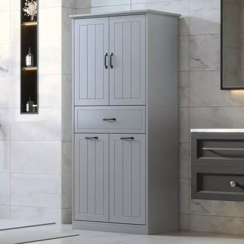 Mobile contenitore da bagno con 2 cesti per la biancheria, mobile a colonna a doppia anta a scomparsa anti-ribaltamento con 2 ante e 1 cassetto