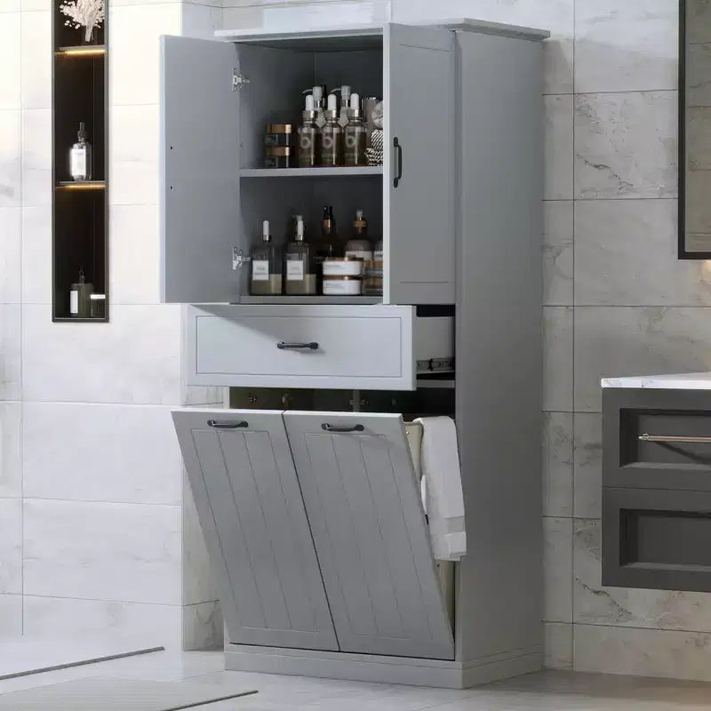 Mobile contenitore da bagno con 2 cesti per la biancheria, mobile a colonna a doppia anta a scomparsa anti-ribaltamento con 2 ante e 1 cassetto