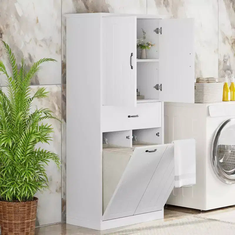 Mobile contenitore da bagno con 2 cesti per la biancheria, mobile a colonna a doppia anta a scomparsa anti-ribaltamento con 2 ante e 1 cassetto