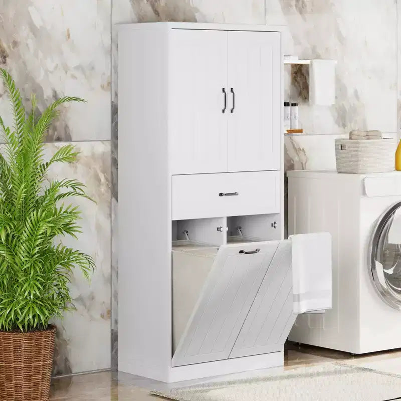 Mobile contenitore da bagno con 2 cesti per la biancheria, mobile a colonna a doppia anta a scomparsa anti-ribaltamento con 2 ante e 1 cassetto