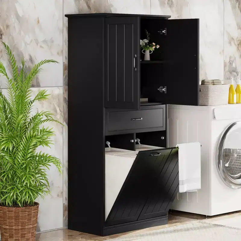 Mobile contenitore da bagno con 2 cesti per la biancheria, mobile a colonna a doppia anta a scomparsa anti-ribaltamento con 2 ante e 1 cassetto