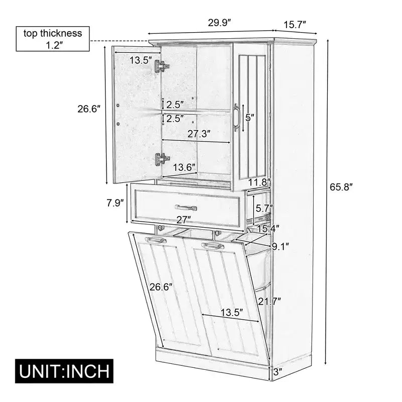 Mobile contenitore da bagno con 2 cesti per la biancheria, mobile a colonna a doppia anta a scomparsa anti-ribaltamento con 2 ante e 1 cassetto