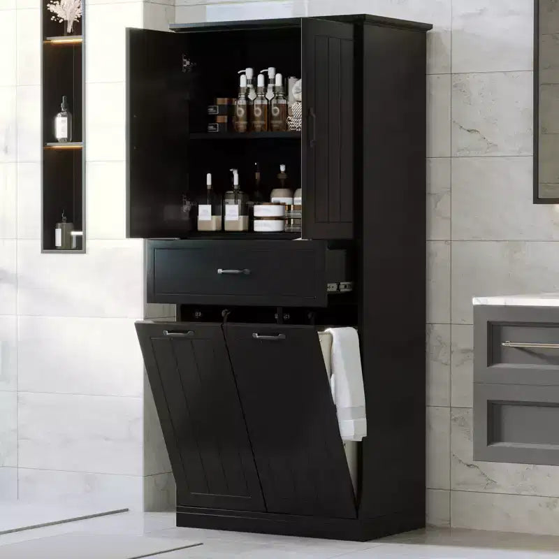 Mobile contenitore da bagno con 2 cesti per la biancheria, mobile a colonna a doppia anta a scomparsa anti-ribaltamento con 2 ante e 1 cassetto