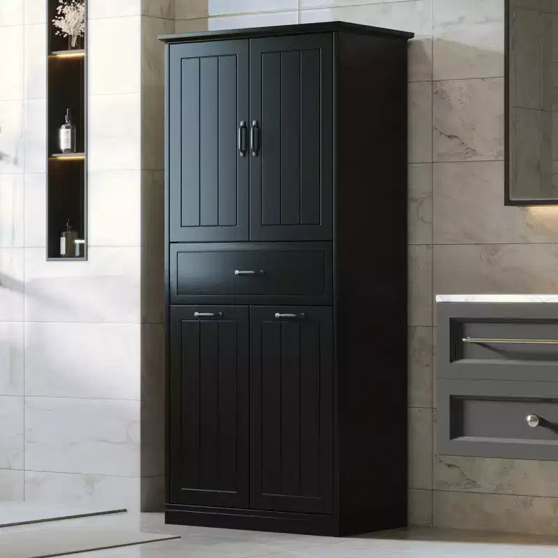 Mobile contenitore da bagno con 2 cesti per la biancheria, mobile a colonna a doppia anta a scomparsa anti-ribaltamento con 2 ante e 1 cassetto