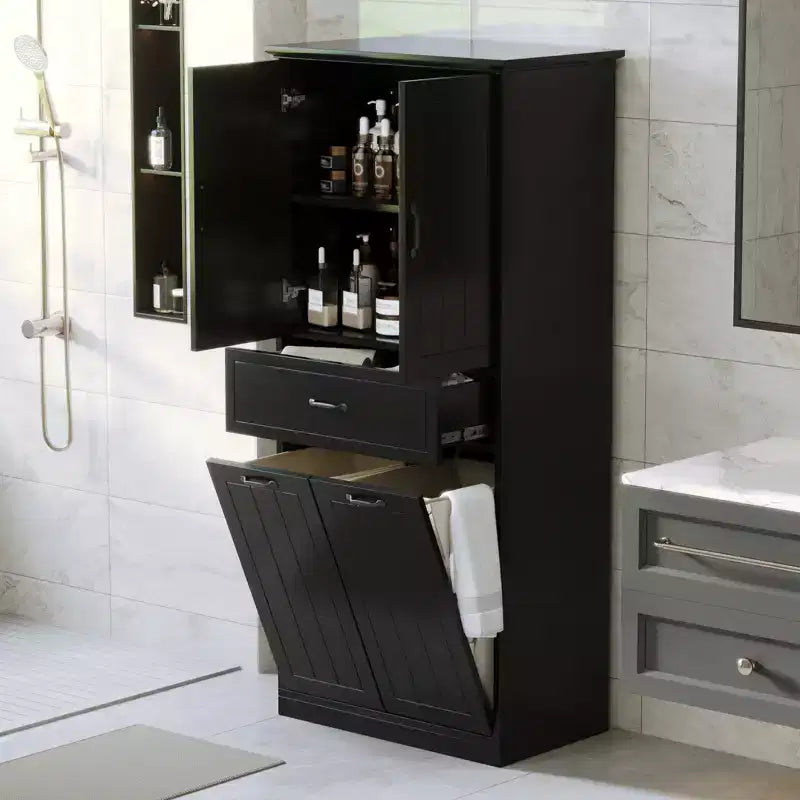 Mobile contenitore da bagno con 2 cesti per la biancheria, mobile a colonna a doppia anta a scomparsa anti-ribaltamento con 2 ante e 1 cassetto