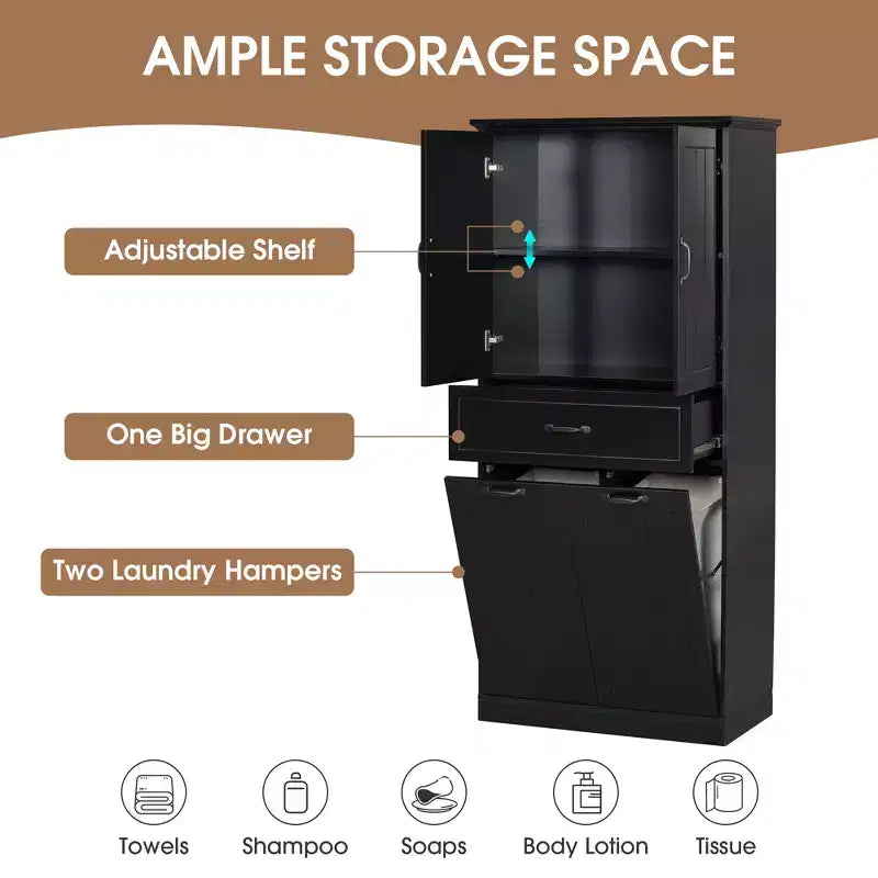 Bathroom Storage Cabinet With 2 Laundry Baskets,Tall Anti-Tipping Tilt-Out Double Doors Hidden Laundry Hamper Cabinet With 2 Doors & 1 Drawer