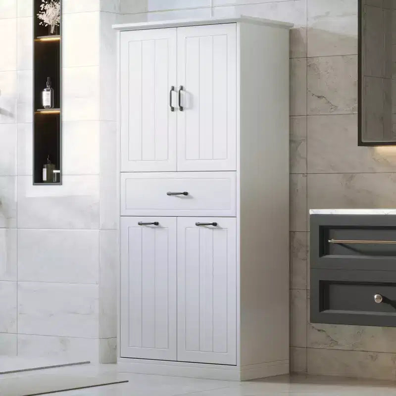 Mobile contenitore da bagno con 2 cesti per la biancheria, mobile a colonna a doppia anta a scomparsa anti-ribaltamento con 2 ante e 1 cassetto