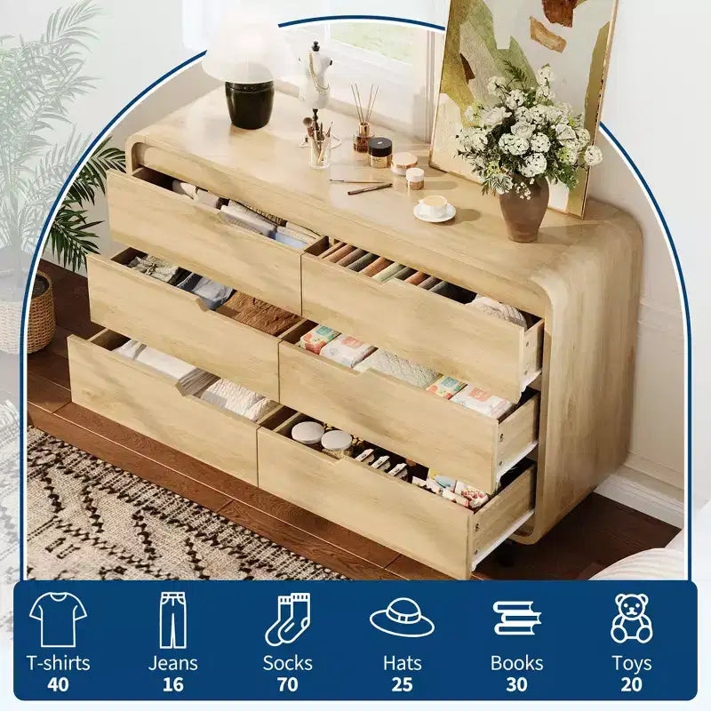 Comò a 6 cassetti per camera da letto, comò moderno largo 120 cm in legno con ampio spazio di archiviazione, cassettiera