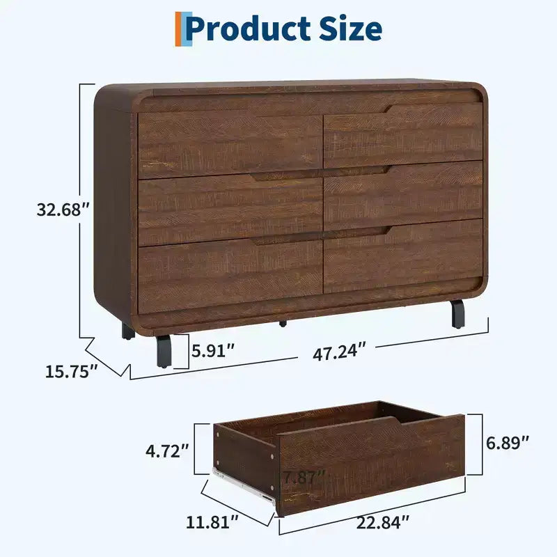 Comò a 6 cassetti per camera da letto, comò moderno largo 120 cm in legno con ampio spazio di archiviazione, cassettiera