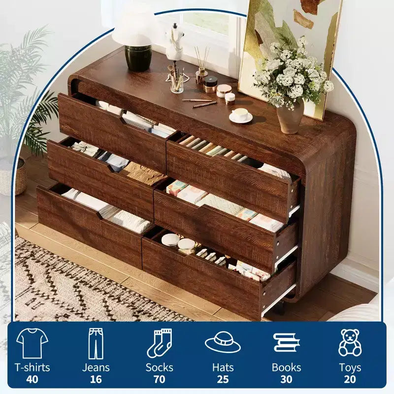 Comò a 6 cassetti per camera da letto, comò moderno largo 120 cm in legno con ampio spazio di archiviazione, cassettiera