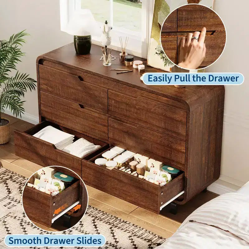 Comò a 6 cassetti per camera da letto, comò moderno largo 120 cm in legno con ampio spazio di archiviazione, cassettiera
