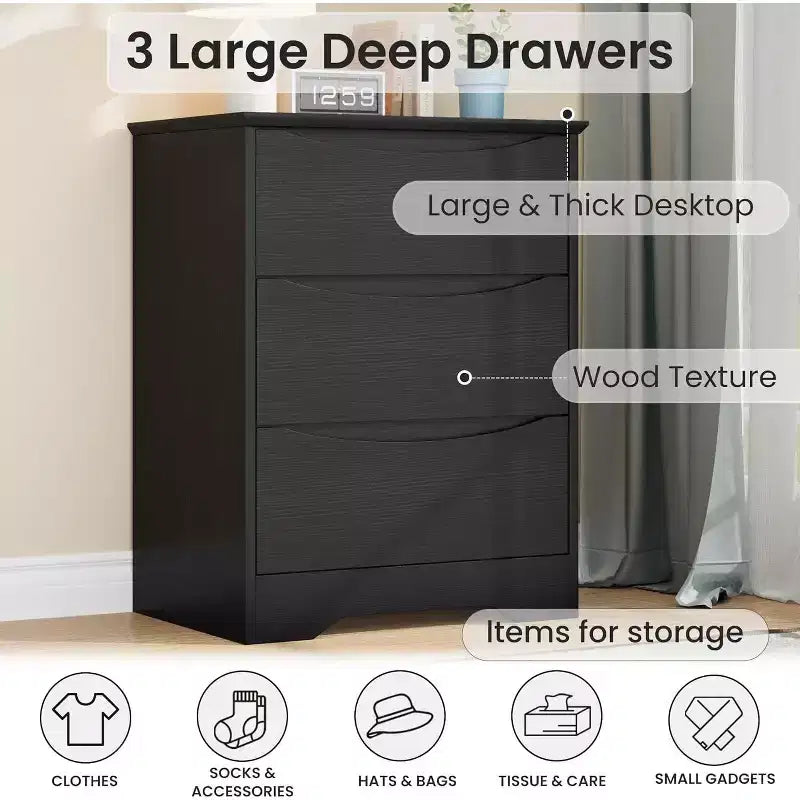Comò in legno a 3 cassetti, Armadio moderno alto con contenitore profondo, Cassettiera grande con piano largo, Cassettiera lunga per camera da letto