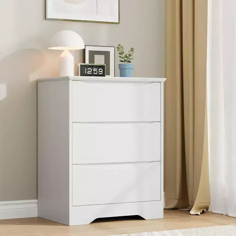 Comò in legno a 3 cassetti, Armadio moderno alto con contenitore profondo, Cassettiera grande con piano largo, Cassettiera lunga per camera da letto
