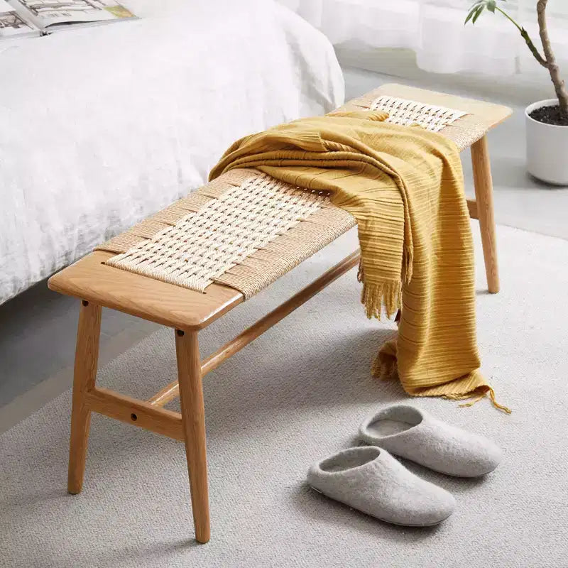 Panca in legno massello di rovere con seduta in canna d'India intrecciata a mano - per sala da pranzo, camera da letto e ingresso