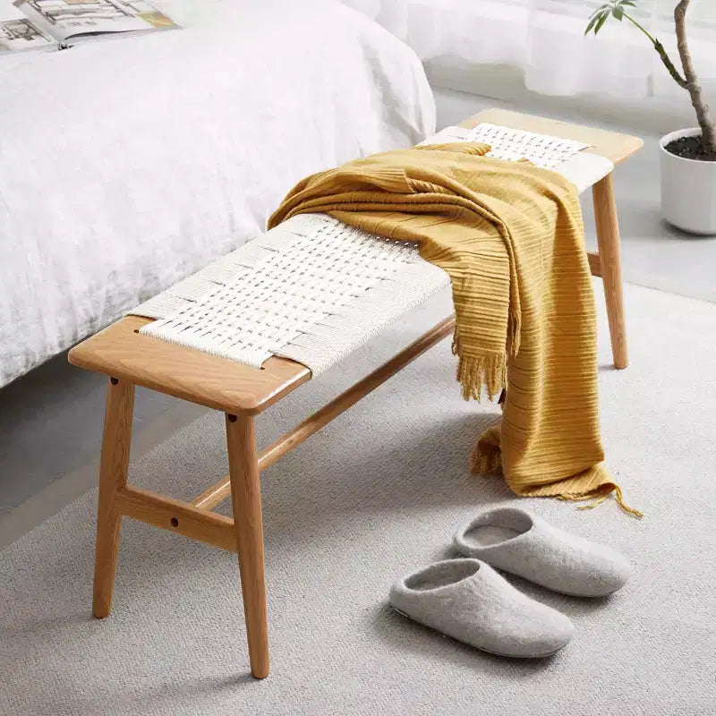 Panca in legno massello di rovere con seduta in canna d'India intrecciata a mano - per sala da pranzo, camera da letto e ingresso
