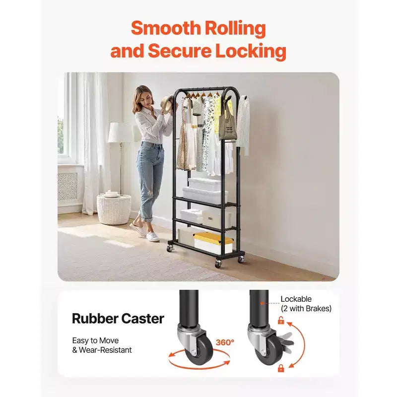 Appendiabiti a rotelle con ripiani Robusto stand appendiabiti su ruote 180 cm di altezza per camera da letto