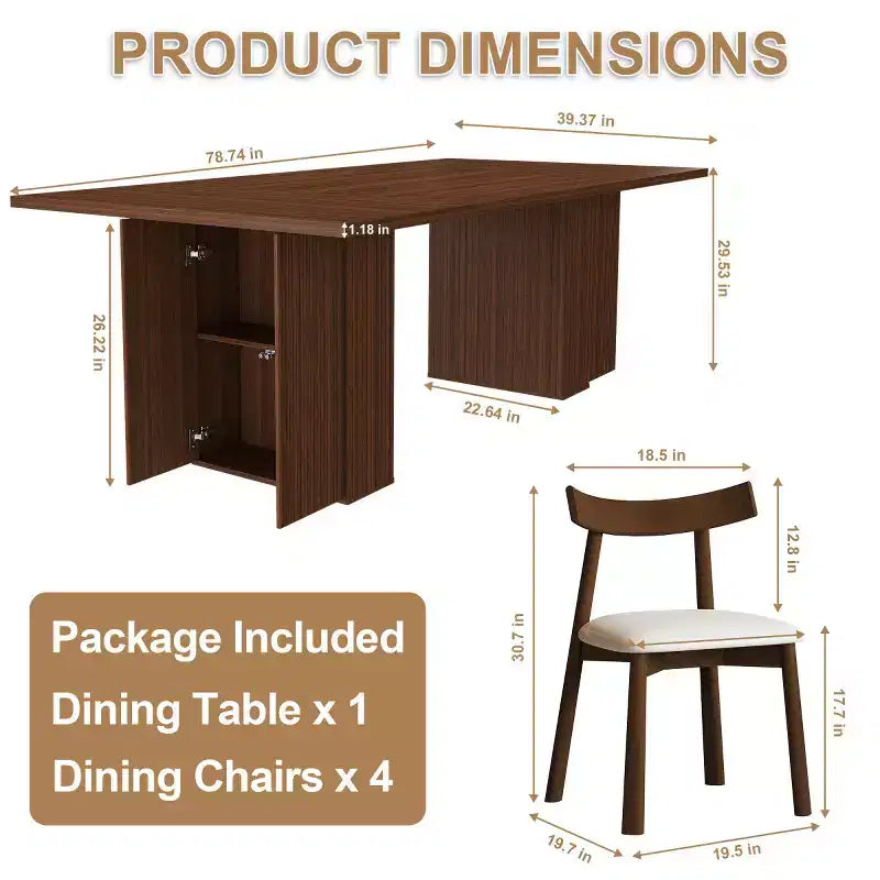 Moderno Arredamento Rustico per Sala da Pranzo con Tavolo Rettangolare da 78" con Base Contenitore e 4 Sedie con Cuscini in PU per Cucina e Sala da Pranzo