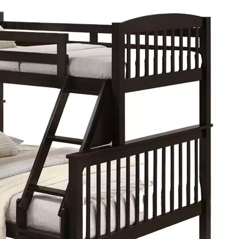 Letto a Castello Gemello/Matrimoniale con Scala, in Legno Massello di Ciliegio Marrone con Doghe