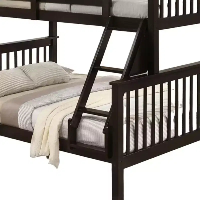 Letto a Castello Gemello/Matrimoniale con Scala, in Legno Massello di Ciliegio Marrone con Doghe