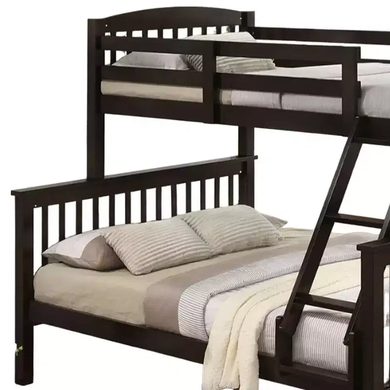 Letto a Castello Gemello/Matrimoniale con Scala, in Legno Massello di Ciliegio Marrone con Doghe