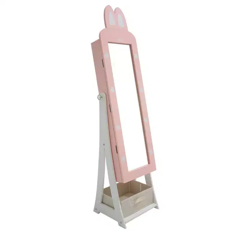 Armadietto portagioie coniglio per bambini in MDF, colore rosa, con specchio, 1 anta e 1 cassetto in tessuto