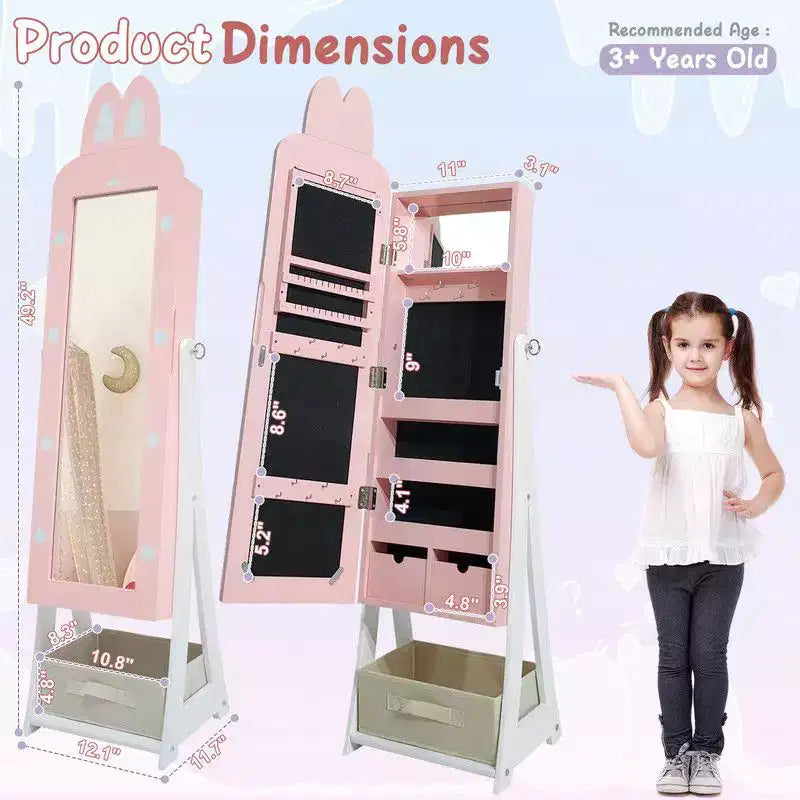 Armadietto portagioie coniglio per bambini in MDF, colore rosa, con specchio, 1 anta e 1 cassetto in tessuto