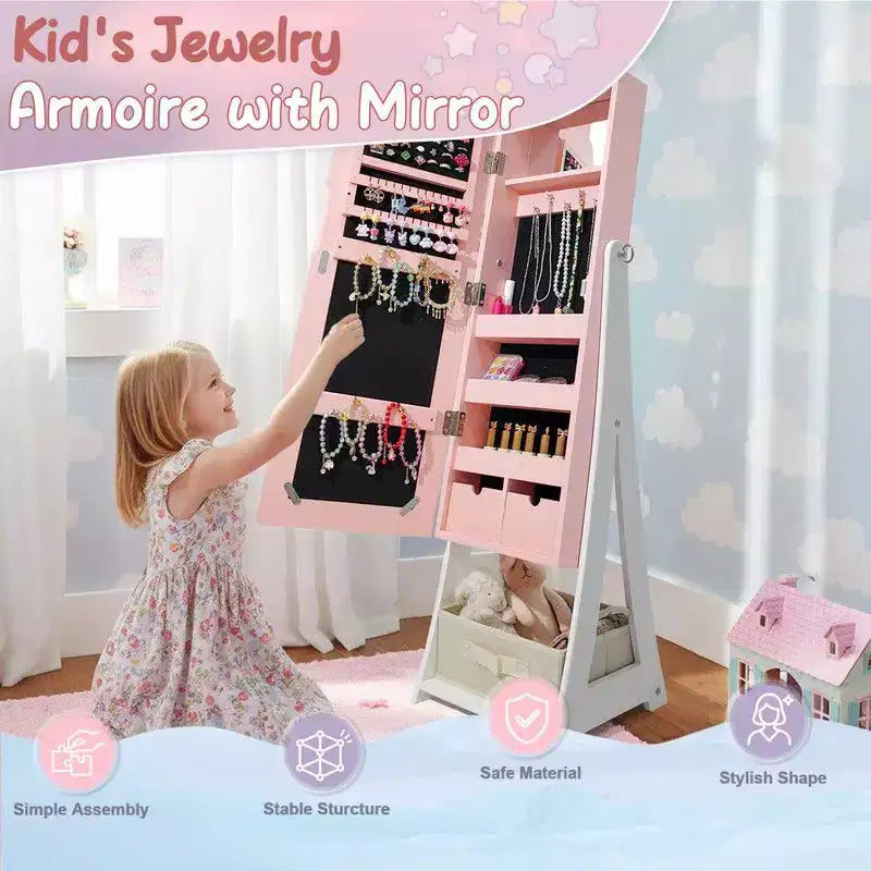 Armadietto portagioie coniglio per bambini in MDF, colore rosa, con specchio, 1 anta e 1 cassetto in tessuto