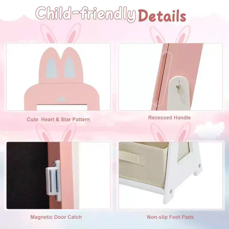Armadietto portagioie coniglio per bambini in MDF, colore rosa, con specchio, 1 anta e 1 cassetto in tessuto
