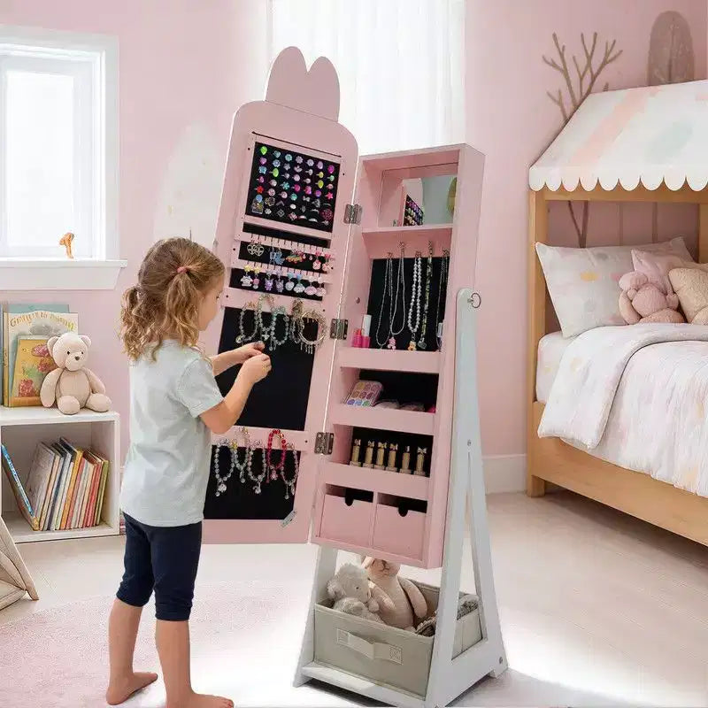 Armadietto portagioie coniglio per bambini in MDF, colore rosa, con specchio, 1 anta e 1 cassetto in tessuto