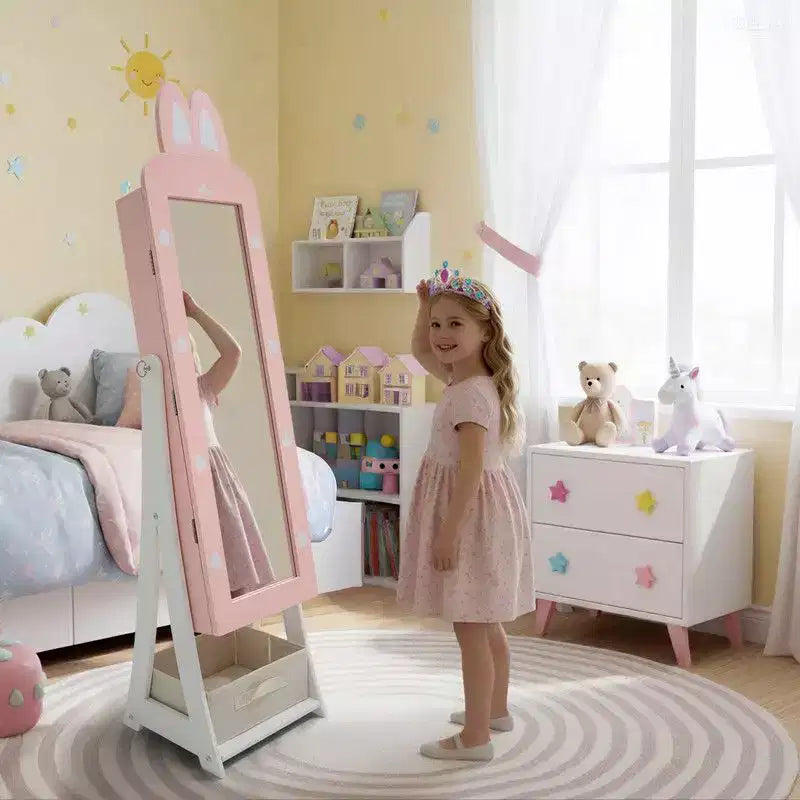 Armadietto portagioie coniglio per bambini in MDF, colore rosa, con specchio, 1 anta e 1 cassetto in tessuto