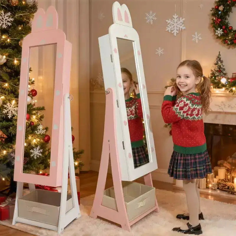 Armadietto portagioie coniglio per bambini in MDF, colore rosa, con specchio, 1 anta e 1 cassetto in tessuto