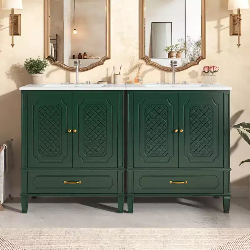 Mobile bagno doppio lavabo da 60 pollici in legno, mobiletto contenitore per bagno con doppio lavabo, grandi mobiletti da bagno a terra con cassetto