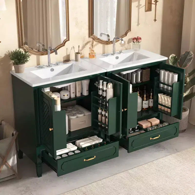Mobile bagno doppio lavabo da 60 pollici in legno, mobiletto contenitore per bagno con doppio lavabo, grandi mobiletti da bagno a terra con cassetto