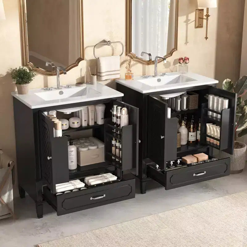 Mobile bagno doppio lavabo da 60 pollici in legno, mobiletto contenitore per bagno con doppio lavabo, grandi mobiletti da bagno a terra con cassetto