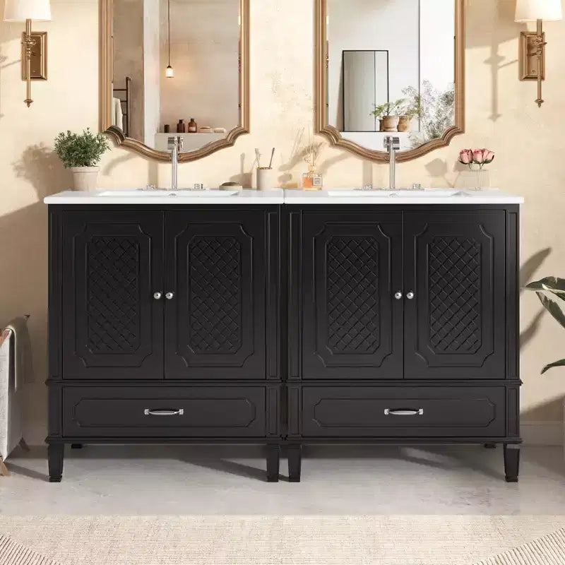 Mobile bagno doppio lavabo da 60 pollici in legno, mobiletto contenitore per bagno con doppio lavabo, grandi mobiletti da bagno a terra con cassetto