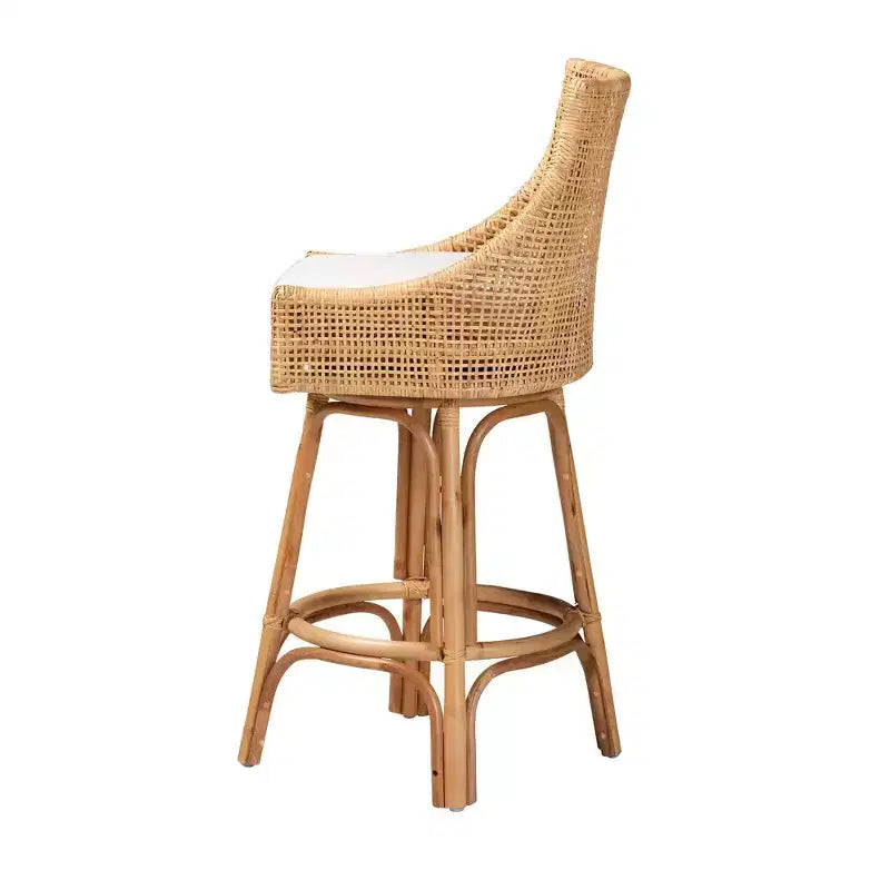 Sgabello da bar in rattan marrone/bianco naturale: design bohémien, cuscino in schiuma, nessun montaggio richiesto