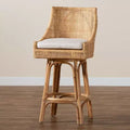 Sgabello da bar in rattan marrone/bianco naturale: design bohémien, cuscino in schiuma, nessun montaggio richiesto