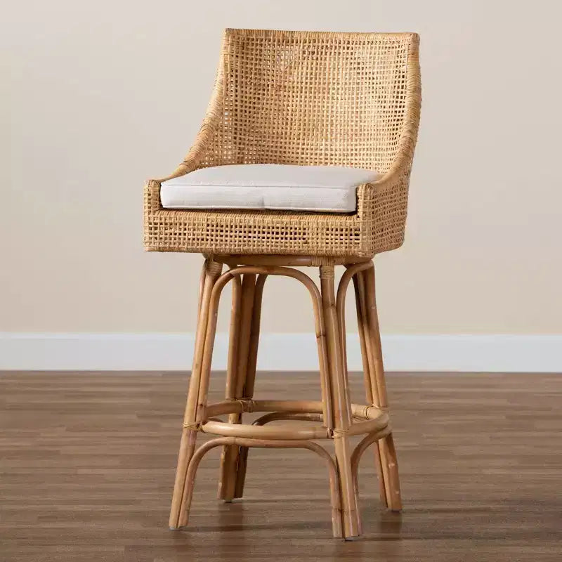 Sgabello da bar in rattan marrone/bianco naturale: design bohémien, cuscino in schiuma, nessun montaggio richiesto