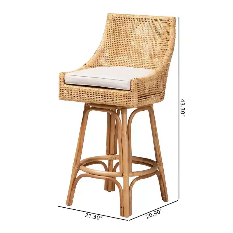 Sgabello da bar in rattan marrone/bianco naturale: design bohémien, cuscino in schiuma, nessun montaggio richiesto