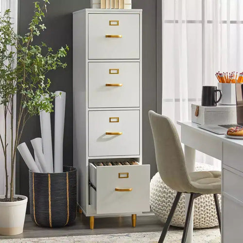 Classificatore a 4 cassetti bianco: maniglie color oro, MDF, design salvaspazio
