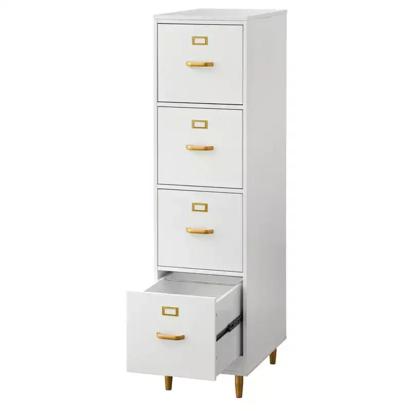 Classificatore a 4 cassetti bianco: maniglie color oro, MDF, design salvaspazio